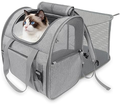 Wdmiya Erweiterbarer Katzenrucksack für Katzen & Kleine Hunde bis 9kg | Atmungsaktiver Pet Carrier Backpack mit Mesh Fenster, Faltbare Haustier Transporttasche für Reisen, Auto, Wandern, Camping