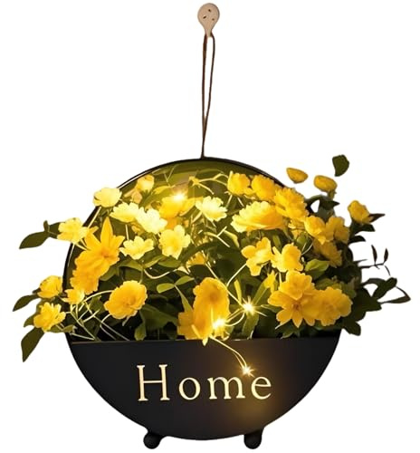 YHomU Gardenia Flower Wall Decor, Black Metal Round Iron Planter with LED Light, Minimalist Home Style, Lighted Wall Accent with No-Trace Nail