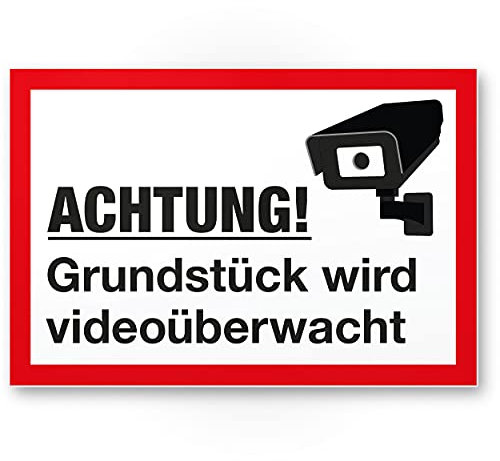 Komma Security Grundstück Videoüberwacht Schild 30 x 20 cm - Achtung Vorsicht Videoüberwachung - Hinweis Hinweisschild Videoüberwacht - Warnschild Warnhinweis