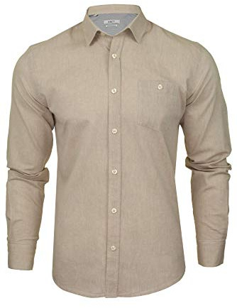 Xact Men's Long Sleeve Linen Cotton Shirt – Regular Fit, Point Collar, Smart Casual Lightweight Shirt with Chest Pocket – Summer, Holiday, BBQ, Beach, Breathable (Stone) XXL