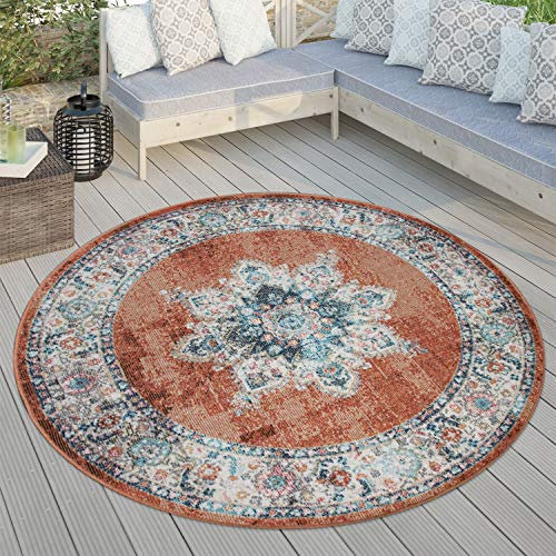 Paco Home Outdoor Teppich Rund, Balkon Wohnzimmer Küchenteppich Vintage Orientalisch Modern Pastell, versch. Farben, Grösse:Ø 200 cm Rund, Farbe:Rot