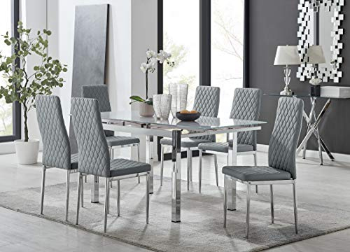 Furniturebox UK Enna White Tinted Glass Extending Dining Table and 6 Grey Diamond Quilted Silver Leg Milan Chairs in Faux Leather. Modern Dining Set
