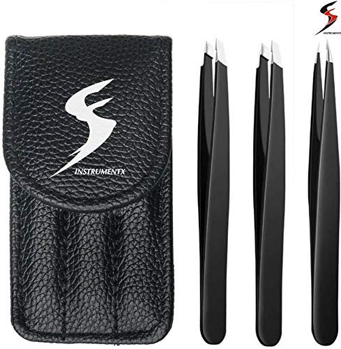 SS INSTRUMENTX Pinzetta Sopracciglia Professionale per Uomini e Donne, Acciaio Inossidabile Punta Inclinata Pinzetta Sopracciglia per Rimozione peli Precisione, Impugnatura Antiscivolo (Nero 3 pezzi)
