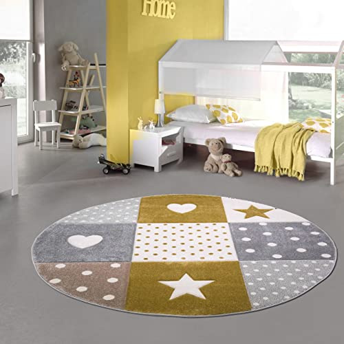 Teppich-Traum Kinderteppich Rund Herz Sterne Punkte Gold Creme Ø 160 cm | Kuschelig weich, pflegeleicht, strapazierfähig, farbecht, schadstofffrei und für Fußbodenheizung geeignet