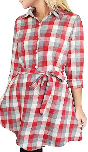 FANCYINN Blusenkleid Damen Weihnachtskleid Kariert Langarm Weihnachten Hemdkleid Gestreift Kleid Lässige Kleidung mit Gürtel Frauen Weihnachtsoutfit für Party Rot Weiß Grau S