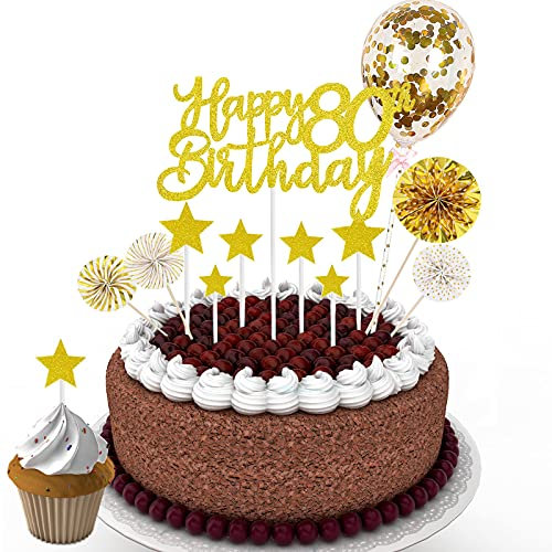 VEGCOO 80th Birthday Cake Toppers Set, 20PCS Gold Cake Decorations Glitter Cake Toppers, Happy 80th Birthday Cake Topper for Women Men Cupcakes