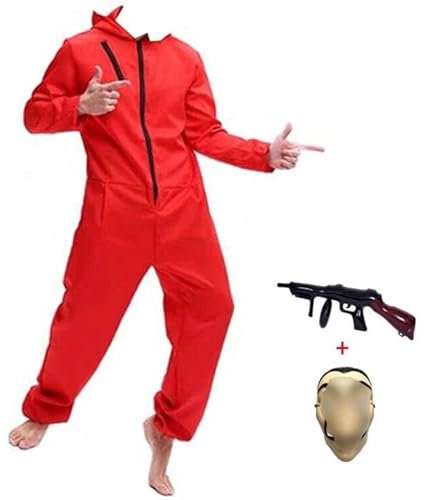 Yigoo Halloween Partner Kostüm Damen Herren Bankräuber Fasching Kostüm Karneval Overall mit Maske und Spielzeugpistole Cosplay für Erwachsene Rot XL