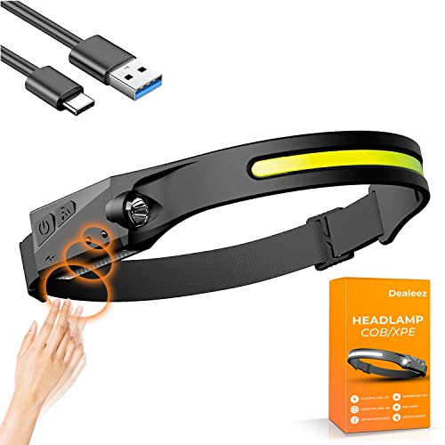 Dealeez Stirnlampe LED Wiederaufladbar Bewegungssensor USB-C Kopflampe, 5 Lichtmodi, 230° Weitwinkel, Wasserdicht & Ultraleicht Ideal für Joggen, Wandern, Angeln, Camping, Survival Notfallausrüstung