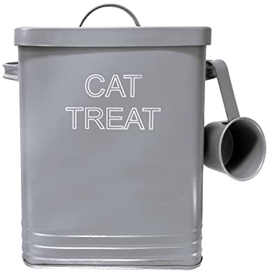 NOBEL Cat Food or Cat Treat Storage Tin with Lid with Scoop Non Slip Pads (CAT TREAT, Grey)