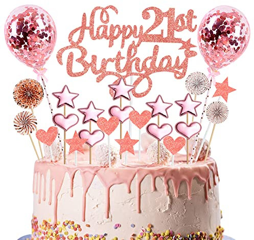 Rose Gold Glitter 23pcs Happy 21st Birthday Cake Topper Kit with Star Heart Paper Fan Confetti Balloon, Cupcake Topper for Girls' 21st Birthday Party Cake Decorations