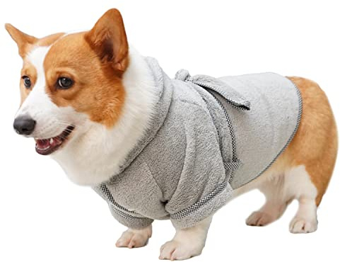 Hunde-Bademantel, Mikrofaser, schnell trocknend, saugfähig, mit Kapuze, für Welpen, kleine, mittelgroße und große Hunde, Katzen (Größe M, Grau)