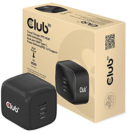 Club 3D CAC-1909EU Reiseladegerät PPS 45W GAN-Technologie, Dualer Anschluss USB Typ-C, Power Delivery(PD) 3.0 Unterstützung