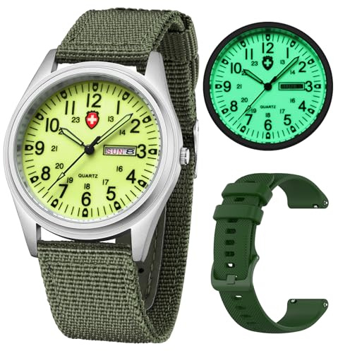 Gosasa Unisex Military Watches Sport Textile Nylon Strap Luminous Fashion Watch Analog Display Quartz Waterproof Casual Wristwatch (Green Luminous)