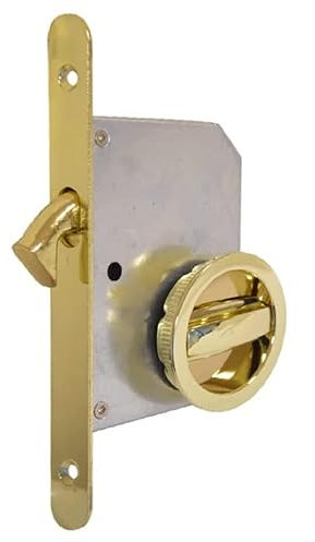 bricoleva.it Kit Serratura Porta Scorrevole Rosetta Tonda Con Nottolino, Maniglia con Serratura per Porta Scorrevole (Colore Ottone Lucido)