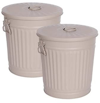 Jinfa 2 juegos de cubos de basura de diseño retro con tapa | Beige | Ø 21,5 cm, altura 21,5 cm, 7 litros