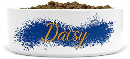 Personalised Ceramic Dog Bowl Unique Design & Printed in UK Small-Medium (Indigo blue & honeycomb colour print, Text Style C)