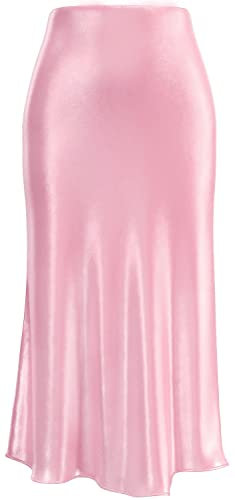 Gonna da donna con stampa leopardata midi gonna lunga in raso di seta a vita alta elastico gonne, Rosa, XS