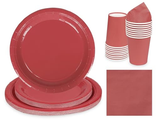 Yiran Set da tavola rosso da 68 pezzi, tovaglioli di carta rossi da 17,8 cm e 22,9 cm, piatti di carta in tinta unita, decorazioni usa e getta per compleanno, Natale, Capodanno, festa di nozze