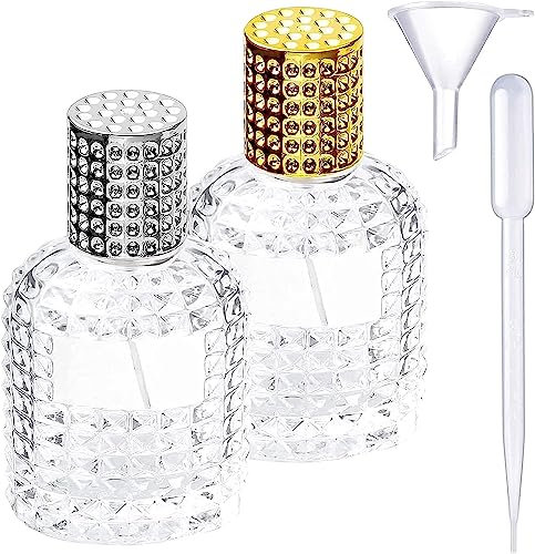 DITK-U 2 botellas de perfume de 50 ml, recargables, vacías, atomizadores, de cristal, arte de piña, para mujeres o niñas (tapa plateada, dorada, embudo y cuentagotas)