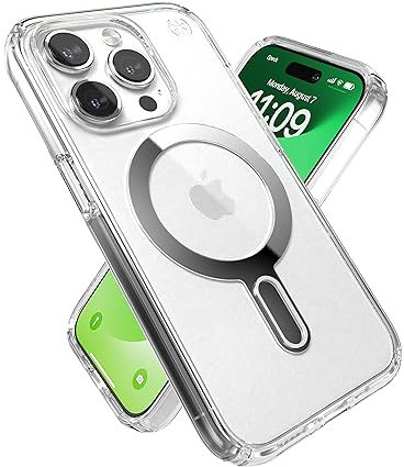 Speck Transparente Schutzhülle für iPhone 15 Pro, ClickLock, rutschfeste Verriegelung, gebaut für MagSafe, Fallschutz, Kratzfest, vergilbungsfrei, 15,5 cm (6,1 Zoll), Presidio Clear/Chrom