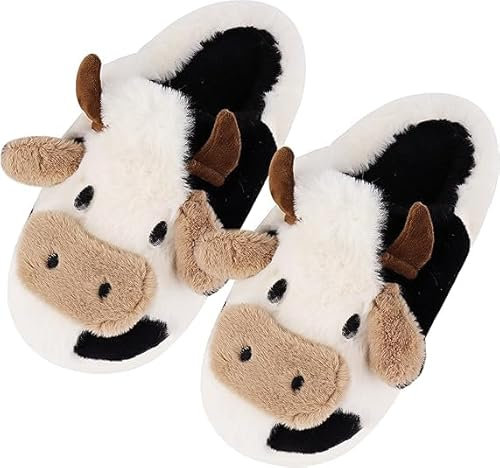 Shoppawhile Hausschuhe Damen Winter Kuh Geschenke für Frauen - Plüsch Warme Kuschel Flauschige Pantoffeln Lustige Rutschfeste Cozy Slippers 42/43 EU