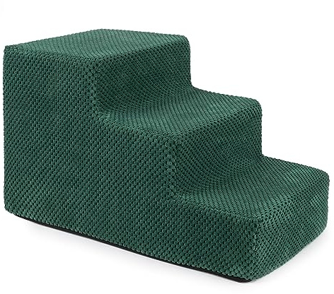Hundetreppe 30 cm hoch | Katzentreppe Haustiertreppe | 3 Stufen | Hunde Katzen Haustier | für Bett und Auto | Trepp für kleine Hund | Plüschbezug | Farbe: Grün