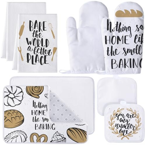 Ziliny 8 Pcs Heat Transfer Blank Sublimation Oven Mitts Set Include 2 Oven Gloves 2 Sublimation Hot Pads Pot Holders 2 Sublimation Blank Door Mat Blank Doormat 2 Sublimation Towels for Kitchen