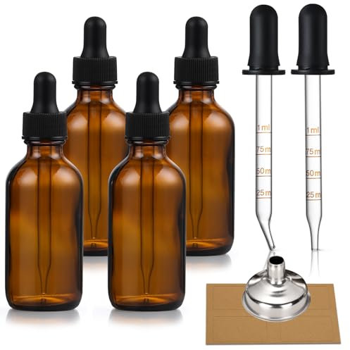 Set of 4, 1 oz Eye Dropper Bottles with 2 Extra 1mL Calibrated Glass Droppers & 1 Funnels & 4 Labels, 30ml Thick Dark Amber Glass Tincture Bottles, Leakproof Essential Oils Bottle for Storage & Travel