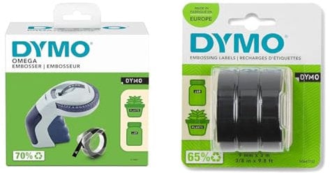 DYMO Omega Prägegerät | kleines Beschriftungsgerät & Original Prägeband | 3D weiß auf schwarz | 9 mm x 3 m
