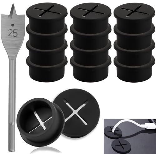 SWTYExt 12 Stück Kabeldurchlass 25mm Kabeldurchführung Schreibtisch Schwarz Tisch Kabeldurchführung Flexible Silikon Kabeldurchlass Schreibtisch mit 1 Bohrer für Schreibtisch Schule Büro Zuhause