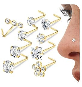 LOLIAS Set mit 9 Nasenpiercings, silberfarben, 20 g, L-Form, zum Schrauben, für Nasenpiercing, Nasenpiercing, goldfarben, 316L Chirurgenstahl, CZ, Schmuck-Set für Männer und Frauen