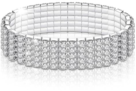 LucBuy Strass Stretch Armbänder, Funkelnder Diamant-Tennisarmreif,Silberner Kristallfunkelnder Stapelbarer Brautarmband-Schmuck,Glänzendes Hochzeitsfest-Gummiband-Armband für Frauen (A3)
