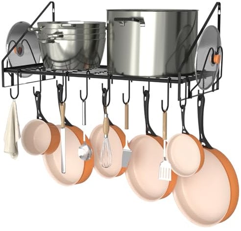 VyGrow Estante para colgar cacerolas y sartenes, organizador de pared con 12 ganchos y 2 soportes para tapa de ollas, colgador de ollas y sartenes de acero resistente para cocina, utensilios de cocina