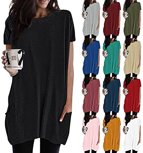 Generic Damen Longshirt Kurzarm mit Tasche Oversized Tshirt Lang Longtops T-Shirt Sommer Oberteile Einfarbig Rundhals Longbluse Lässig für Leggings Pullover T Shirt Tunika Tops