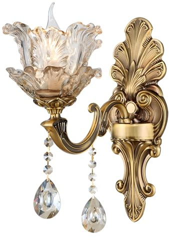 WayLuoung Vintage Floral Wandleuchte, 1 Kopf Kristallglasschirm Wandleuchte Retro-Goldene Bronzefarbe Dekoration Metall-Wandleuchte, Nachttisch Wohnzimmer Restaurant Treppen(E14 Sockel Ohne Glühbirne)
