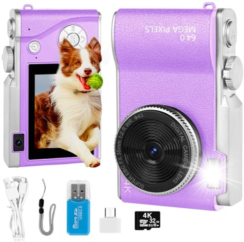Niaazi Digital Camera, 4K Autofocus Camera 1080P Digital Video Camcorder Front and Rear Dual Cameras with 2.7 LCD, 32G SD Card, Camera for Kids Teen Students Seniors Beginner (Purple)