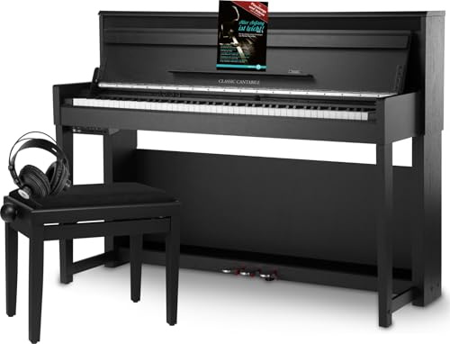 Classic Cantabile UP-1Plus SM Upright Digital-Piano Deluxe Set - 88 gewichtete Holz-Tasten mit Graded Hammer Tastatur - inklusive Pianobank, Kopfhörer und Klavierschule - Schwarz matt