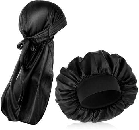 COMNICO Seidig Durag Kappen Elastische Kappe Lang Schwanz Kopfwickel, Seidenhaube für Herren, 2 Stück Breites Satinhaubenband (DE/NL/SE/PL, Alphanumerisch, Einheitsgröße, schwarz)