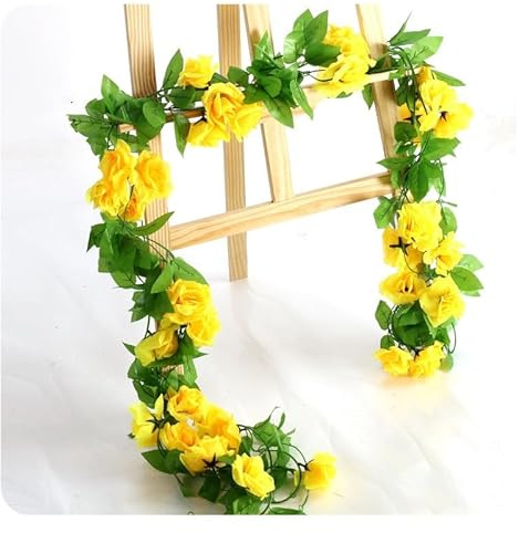 Hrlace 2 Stück Rosengirlanden Künstliche Rosenranken Gefälschte Rosenranken Seidenblumen Hängend Vintage Rosen Girlanden für Hochzeitsbogenzeremonie Hausgarten Partydeko Gelb 9 Blumen/Streifen