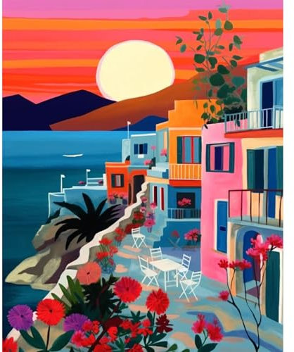 JATOK Paint by Numbers Kits for Adults, Painting Kits for Beginners On Clear Symbols Colored Canvas, Easy DIY Acrylic Pigment Drawing Paintwork for Home Wall Decor, 16x20in Frameless, Seaside City