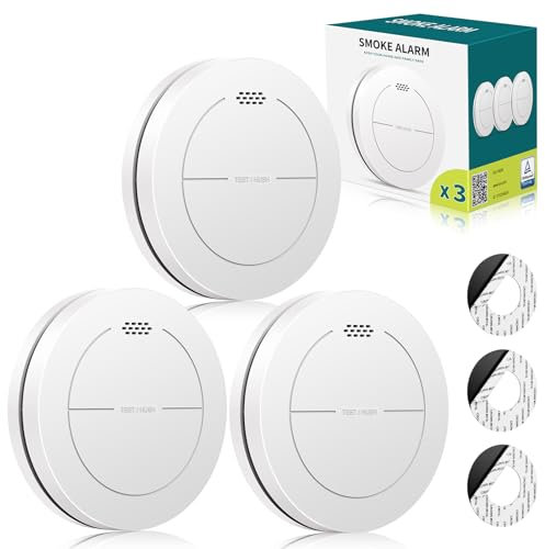 Safeliveo Rauchmelder ohne Blinkende LED, mit 10 Jahre Batterie, mit Klebepads,Mute Funktion, 85 dB Alarmton, Standalone Flacher Brandmelder für den Brandschutz zu Hause 3 Stück.