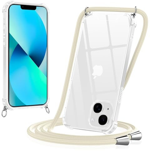 Yoedge Funda con Cuerda para iPhone 13 Mini 5,4, Carcasa Transparente Suave Silicona con Cordón Cadena Colgante Ajustable Collar Correa para Hombro Teléfono Case Cover, Beige