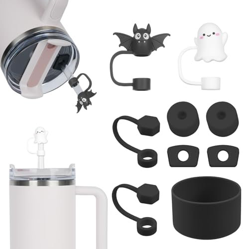 AUAUY Juego de Accesorios para Vasos Stanley, 2PCS Tapas con Pajita, 6PCS Tapones de Silicona A Prueba de Fugas, 1 Funda de Silicona ara 40Oz y 30Oz Stanley Cup Accesorios, (Taza No Incluida, Negro)