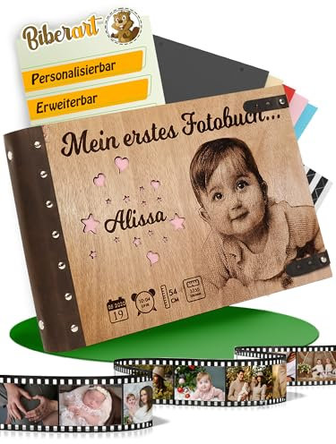 Personalisiertes Kinderalbum zum Selbstgestallten I Fotoalbum aus Holz mit Ledercover und Foto Gravur I Geschenk zur Taufe I Geburt I Weihnachten I Muttertag I Babyalbum - Erweiterbar