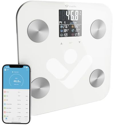 TrueLife FitShape S6 BT Personenwaage Digital, Bluetooth Körperwaage, Waage Personen, 19 messdaten, farbiges LCD-Display, bis zu 8 Benutzer, Waage mit Körperfett und Muskelmasse, mobile App (weiß)