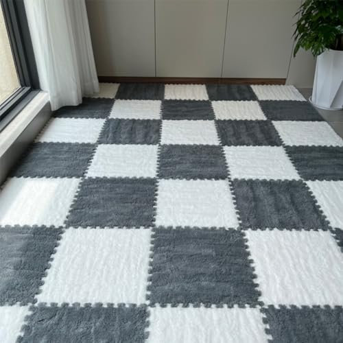 12Pcs/24Pcs 12x12x0.4inch EVA Plush Floor Tiles Mat, Thickened Warm Interlocking Puzzle Area Rug, Crawling Mat Carpet for Home Office Nursery Gym Yoga (24Pcs,Grey and White)