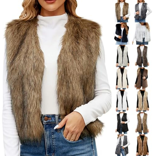 Dajowake Damen Westen Elegant Fellweste Ärmellose Pelzweste Vest Jacke Fellweste Faux Pelz Kunstfell Mantel Pelzjacke Fell Cardigan Winter Warme Fellweste Pelzmantel Einfarbig Kunstpelze