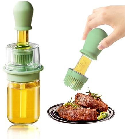 Oil Brush Dispenser, 180ml 2 in 1 Oil Dispenser Glass Oil Bottle Kitchen Olive Oil with Silicone Brush Squeeze Dropper for BBQ, Frying, Baking, BBQ Pancake