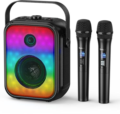 Máquina de karaoke portátil, mini máquina de karaoke con 2 micrófonos inalámbricos, potencia de 60 W