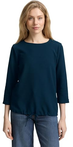 Tom Tailor Damen Langarmshirt mit Knopf-Details | Bio-Baumwolle | nachhaltige Materialauswahl | Loose Fit | Rundhals | 3-4 Ärmel | unifarben | atmungsaktiv | Kordel